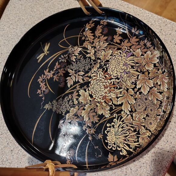 Japanese Floral Black and Gold Decorative Tray Dragonfly & Bamboo Handle  9" DR - Picture 4 of 5